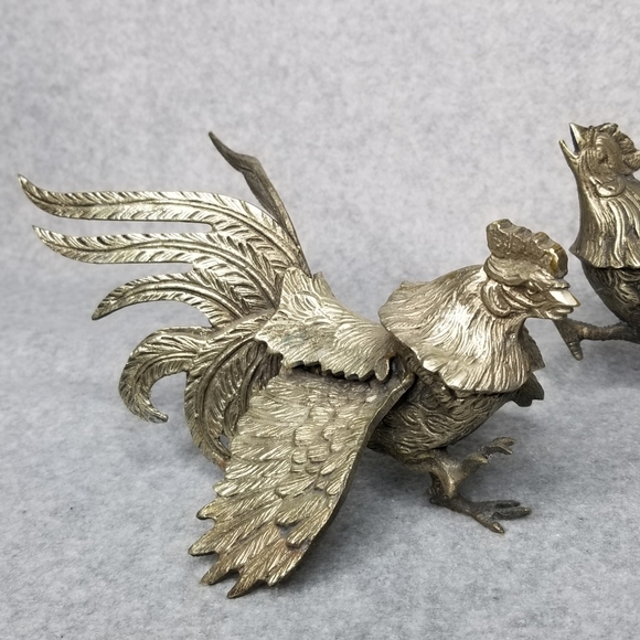 Pair Fighting Gamecock Roosters Vintage Italian Brass Figurines Made in Italy - Picture 4 of 17